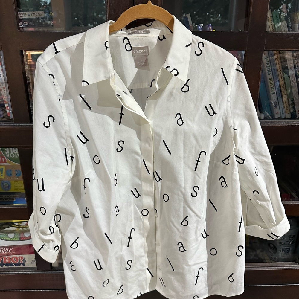 Chico's White Button Down Shirt with Black Letter Print
